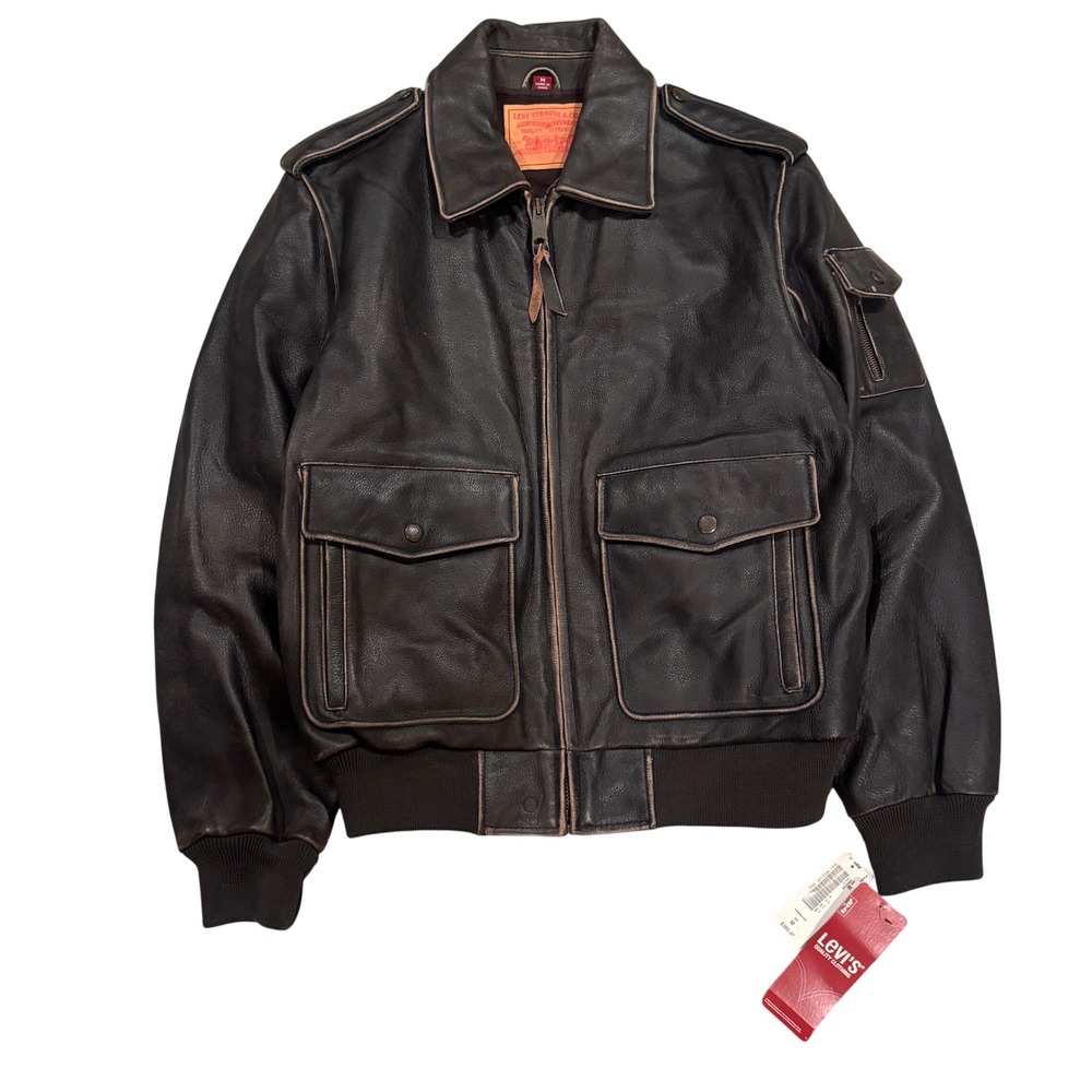 Levis Mens Genuine Leather Bomber Flight Jacket Brown Distressed M New 220BROWN